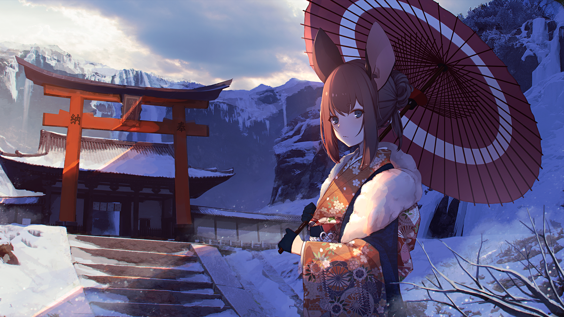An anime girl with animal ears stands in a snowy landscape, holding a red parasol. She wears a colorful yukata, with a temple and mountains in the background, under a clear sky.
