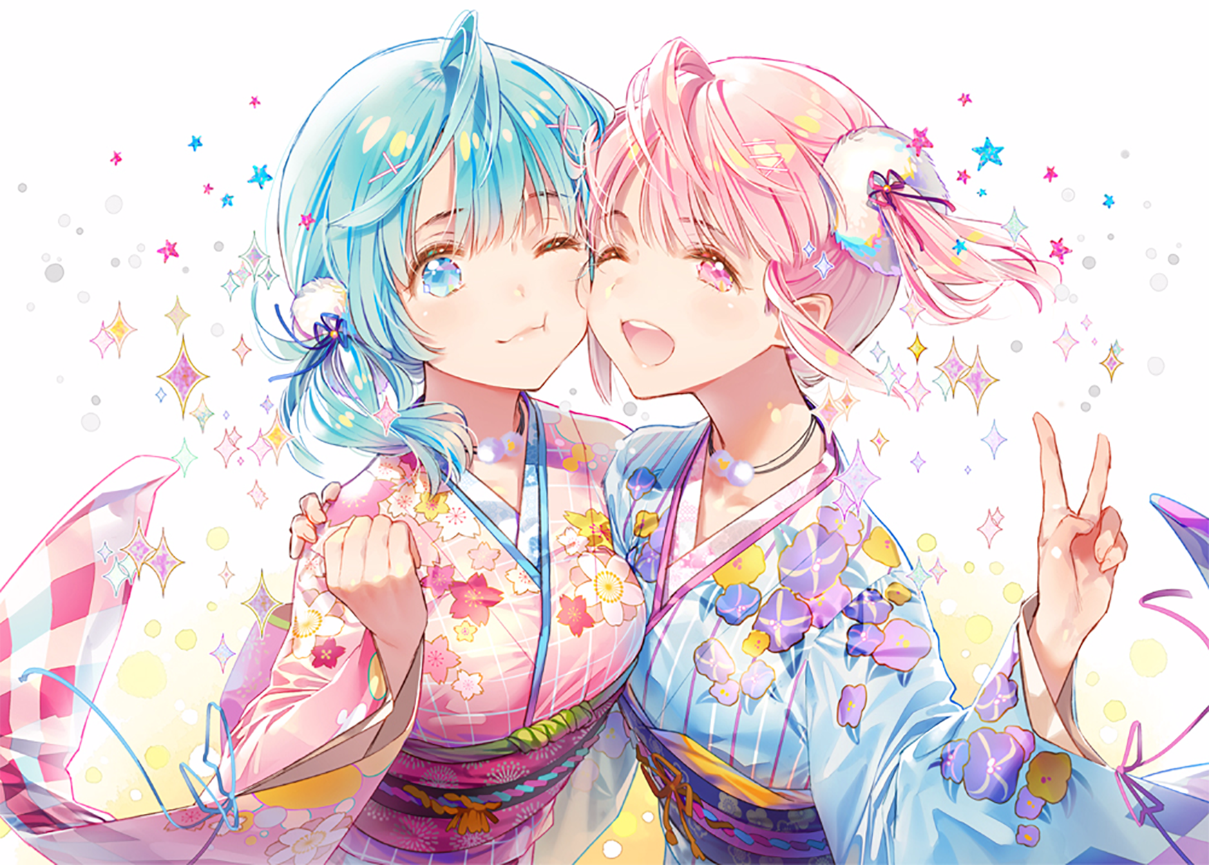Two cute anime girls with pink and blue hair, wearing floral yukatas, surrounded by colorful stars, smiling warmly and posing playfully together.