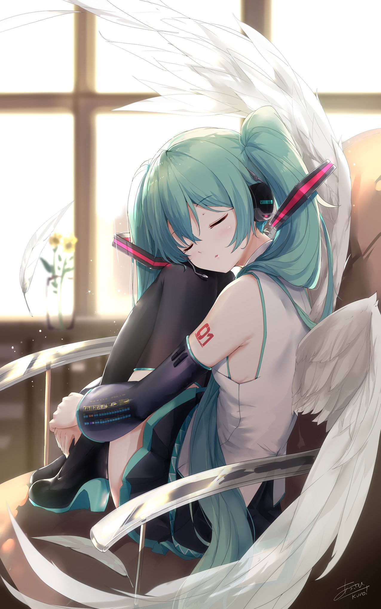 Anime-style illustration of Vocaloid character Hatsune Miku with teal twin-tails and angelic white wings, peacefully resting in a chair by a sunlit window.