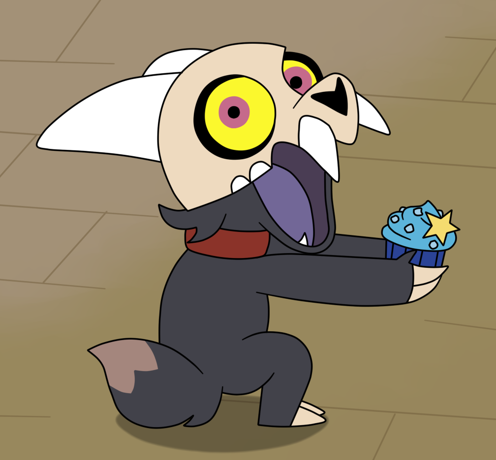 King Clawthorne from the TV show The Owl House, a small masked demon, crouches excitedly on a wooden floor holding a blue cupcake topped with a yellow star.