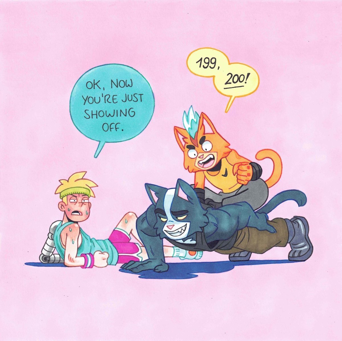 Final Space TV scene: Gary Goodspeed collapses while Avocato does push-ups with Little Cato on his back counting 199, 200! Gary says, OK, now you're just showing off.