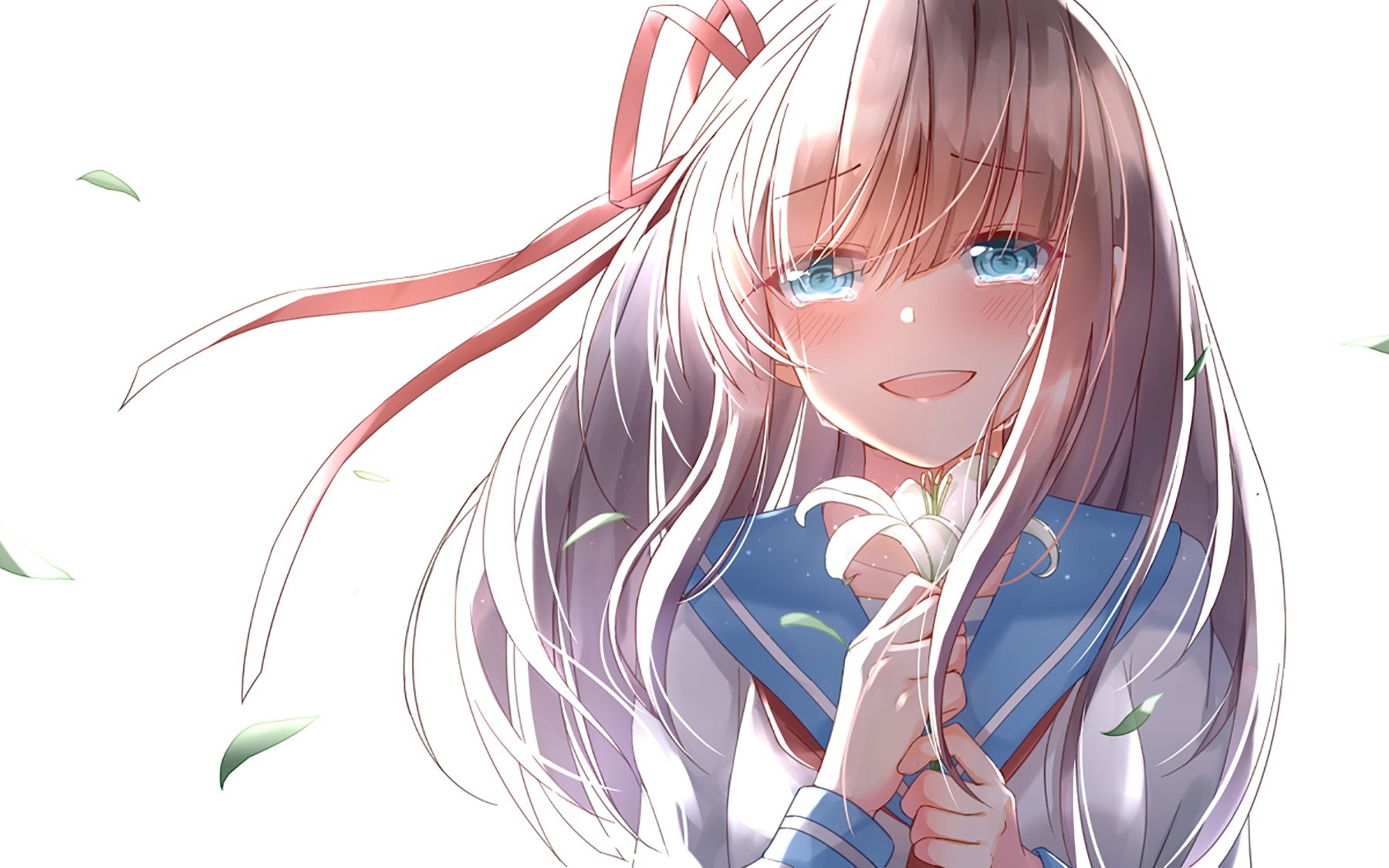 Anime girl with long flowing hair and blue eyes in a sailor uniform, smiling tearfully while holding a white flower, ribbons in her hair and leaves drifting around.