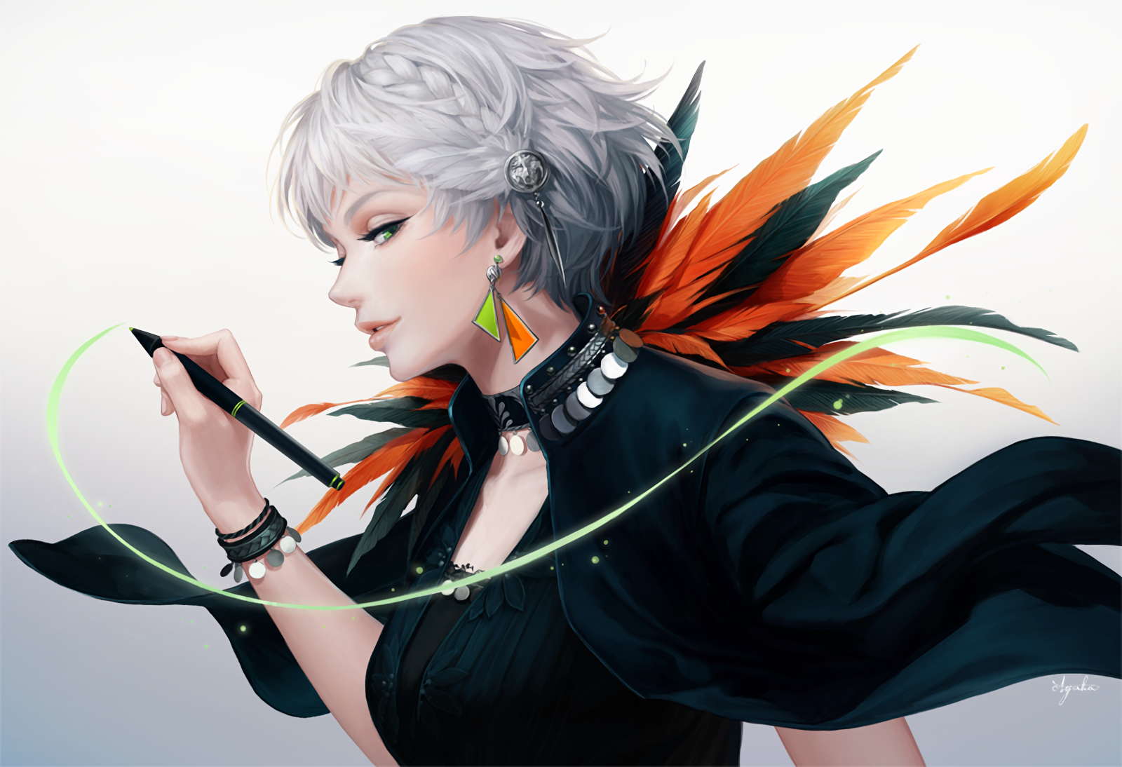 An anime girl with short white hair and green eyes wears a stylish dress adorned with a braid and feathers, elegantly holding a pen with a flowing green line.