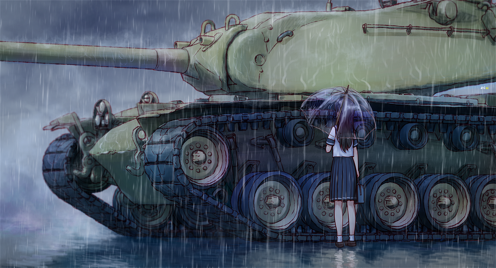 Download Tank Skirt School Uniform Long Hair Rain Anime Military Rain Anime Art