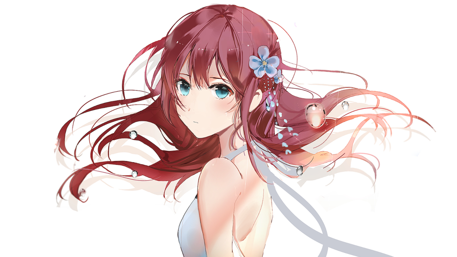 An anime girl with long, flowing hair and striking blue eyes gazes over her shoulder, adorned with a flower and delicate accessories in her hair, capturing a whimsical, dreamy essence.