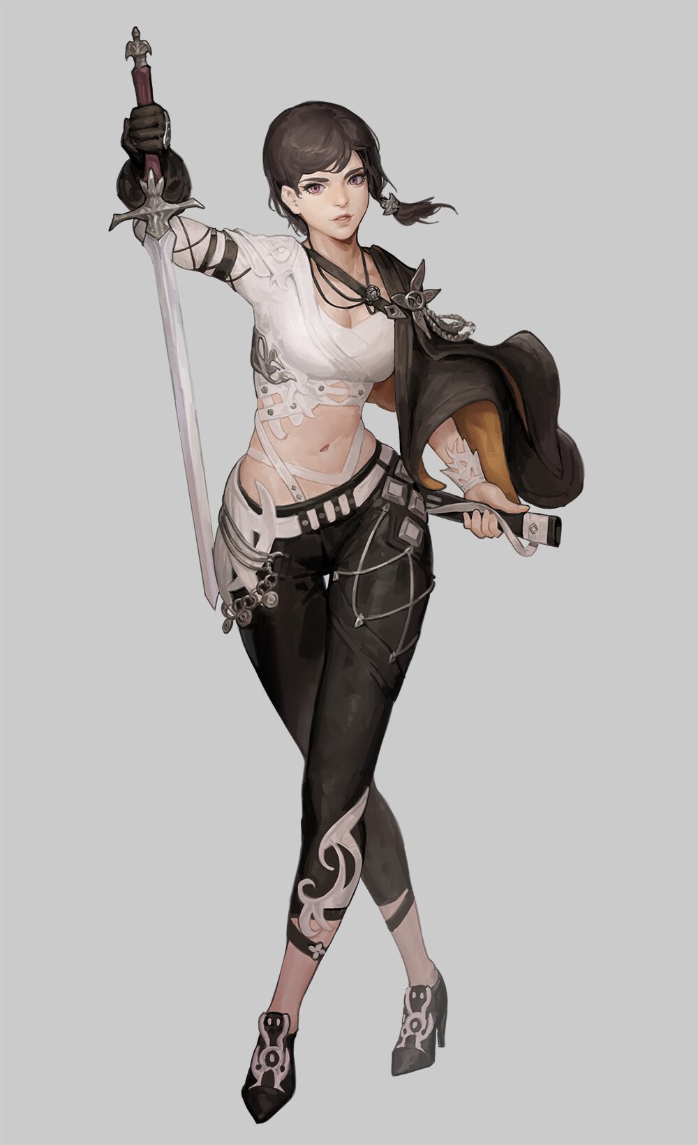 Fantasy woman warrior stands confidently, wielding a sword in one hand and holding a cloak in the other, dressed in a detailed outfit blending armor and fabric.