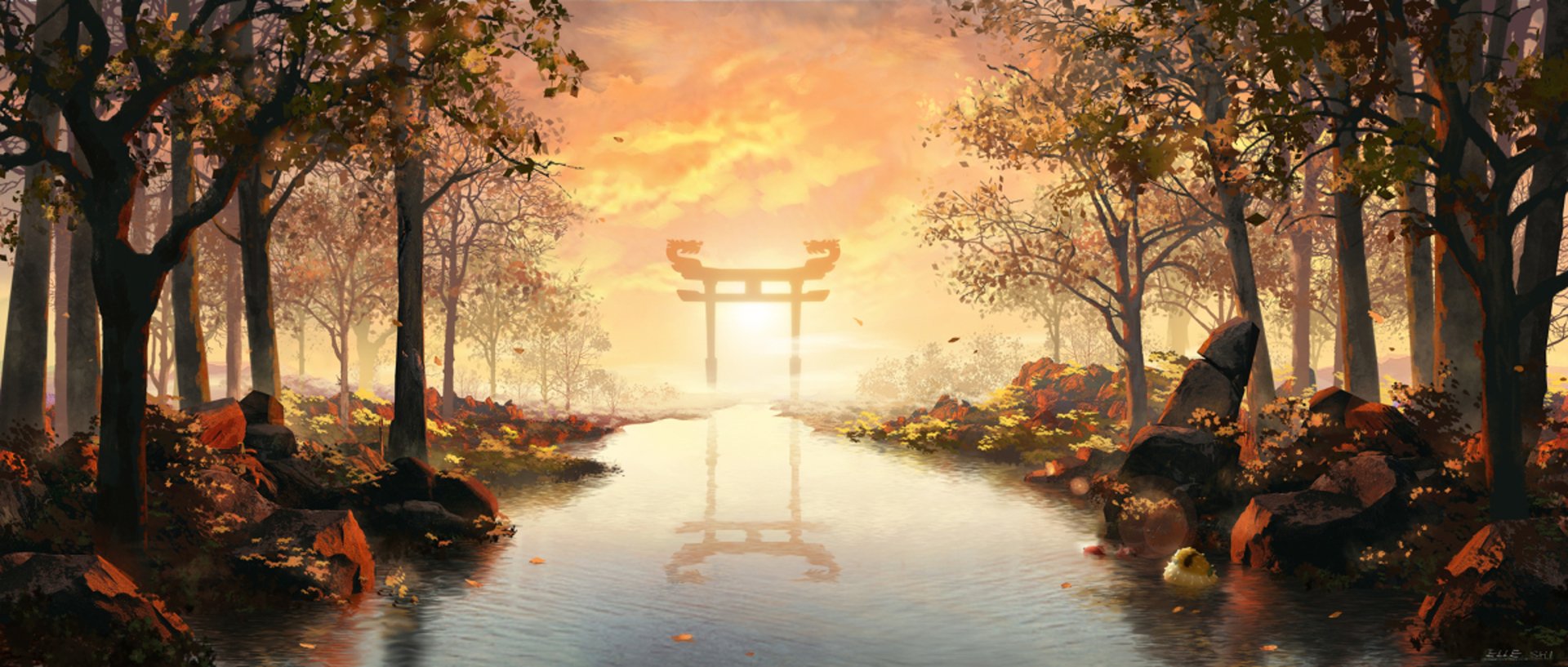 Download Cloud Sky Tree Flower River Sunset Anime Shrine Anime Sunset Sky Anime Art