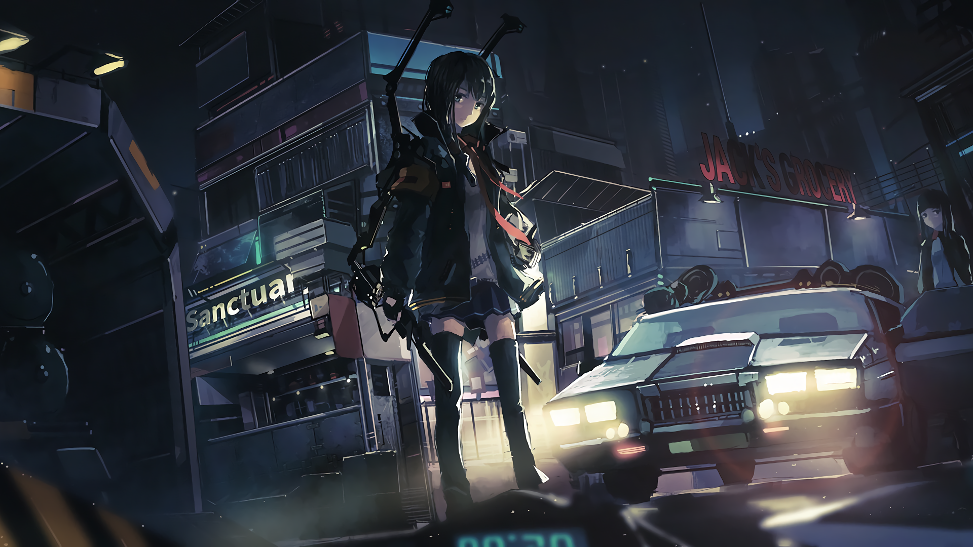 A striking anime girl stands confidently in a neon-lit cityscape, equipped with weapons, poised amidst futuristic architecture and a parked car.