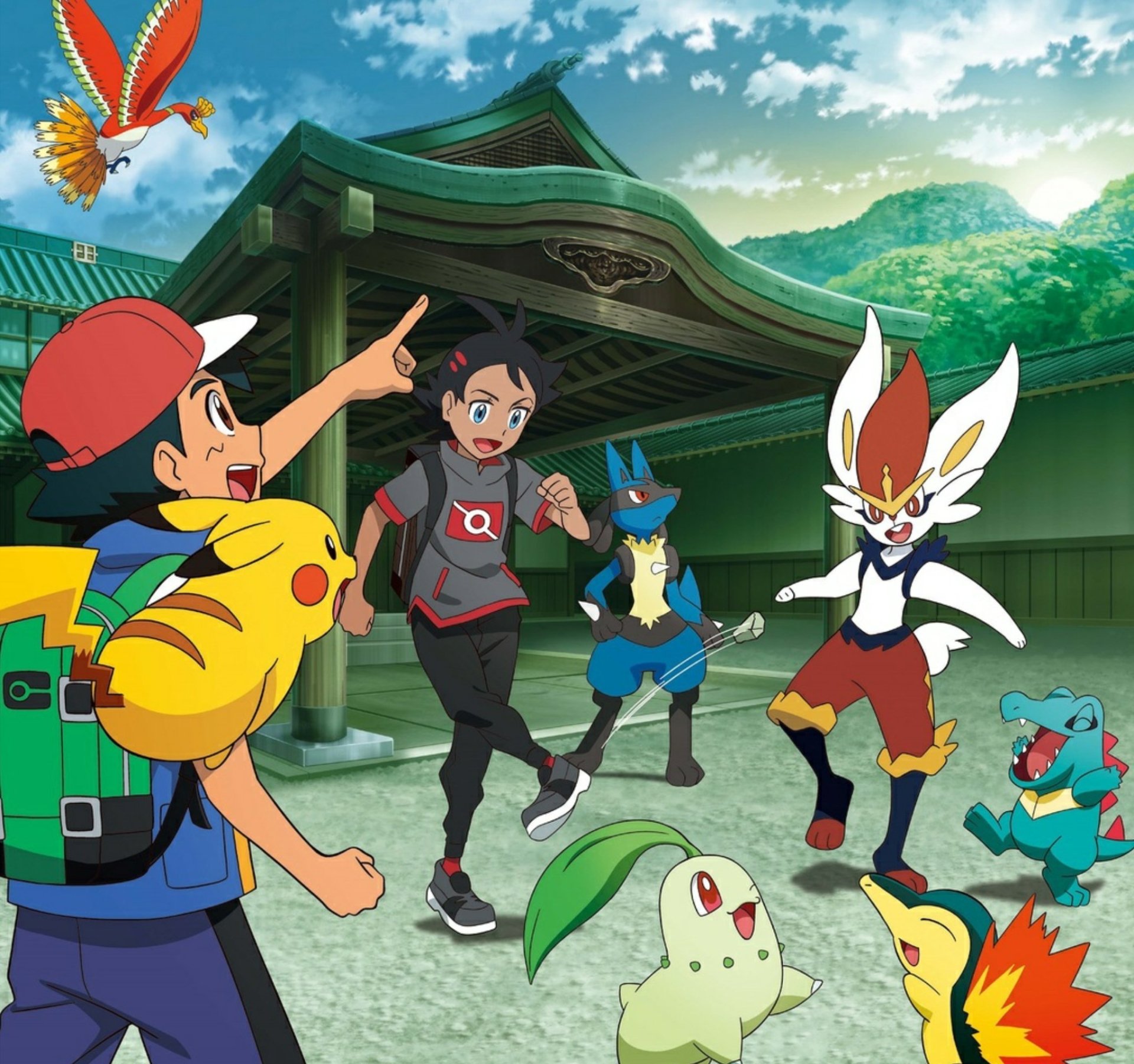 Download Chikorita (Pokémon) Ho-oh (Pokémon) Cyndaquil (Pokémon) Pikachu Totodile (Pokémon) Lucario (Pokémon) Ash Ketchum Cinderace (Pokémon) Goh (Pokémon) Anime Pokemon Art