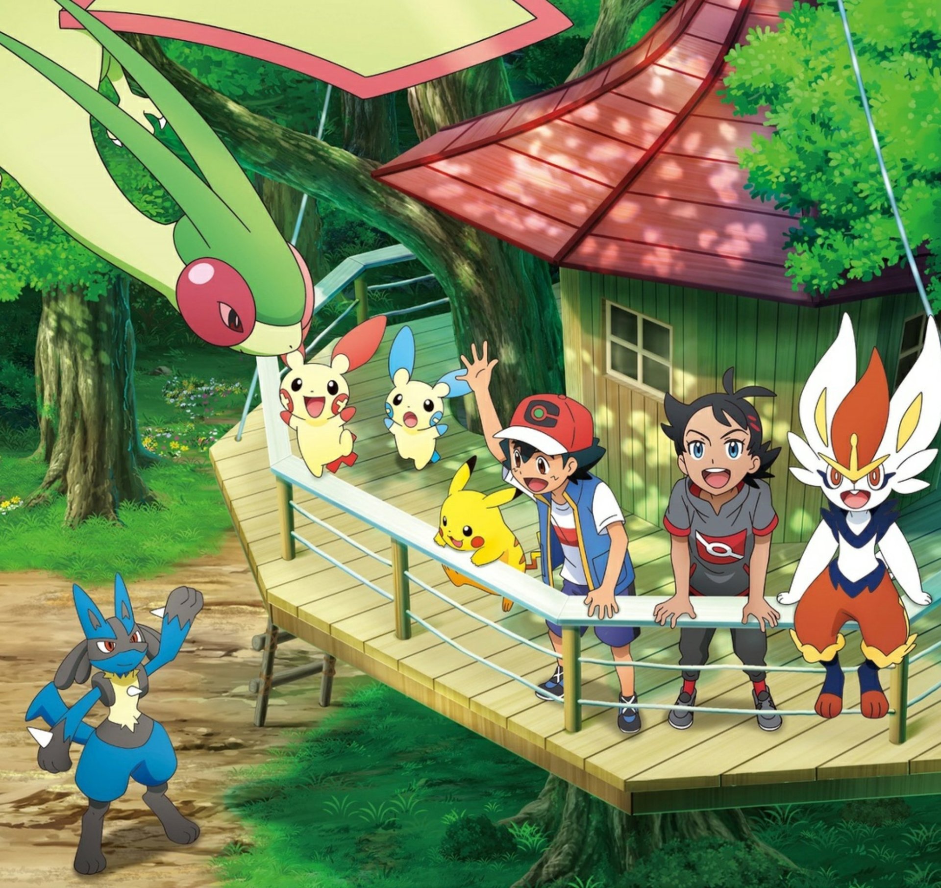 Ash Ketchum and Goh stand on a wooden deck with Pokémon Pikachu, Plusle, Minun, Lucario, Cinderace, and Flygon in a vibrant forest setting from the anime Pokémon.