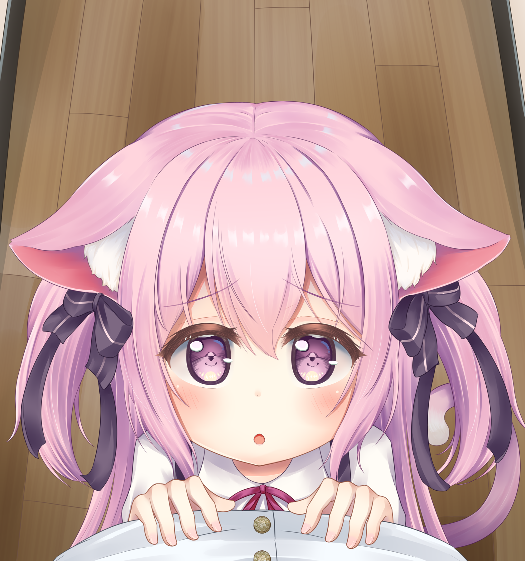 Anime-style Kisaragi (Azur Lane) with pink hair and cat ears, ribboned pigtails and wide eyes, peeking over a blanket while looking up at the Commander.