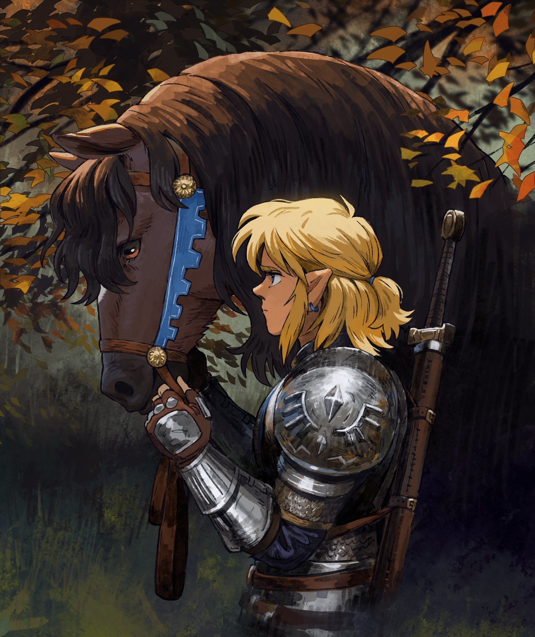 Armored, blonde Link from The Legend of Zelda gently holds a brown horse with a blue bridle beneath autumn leaves, sword and shield on his back.