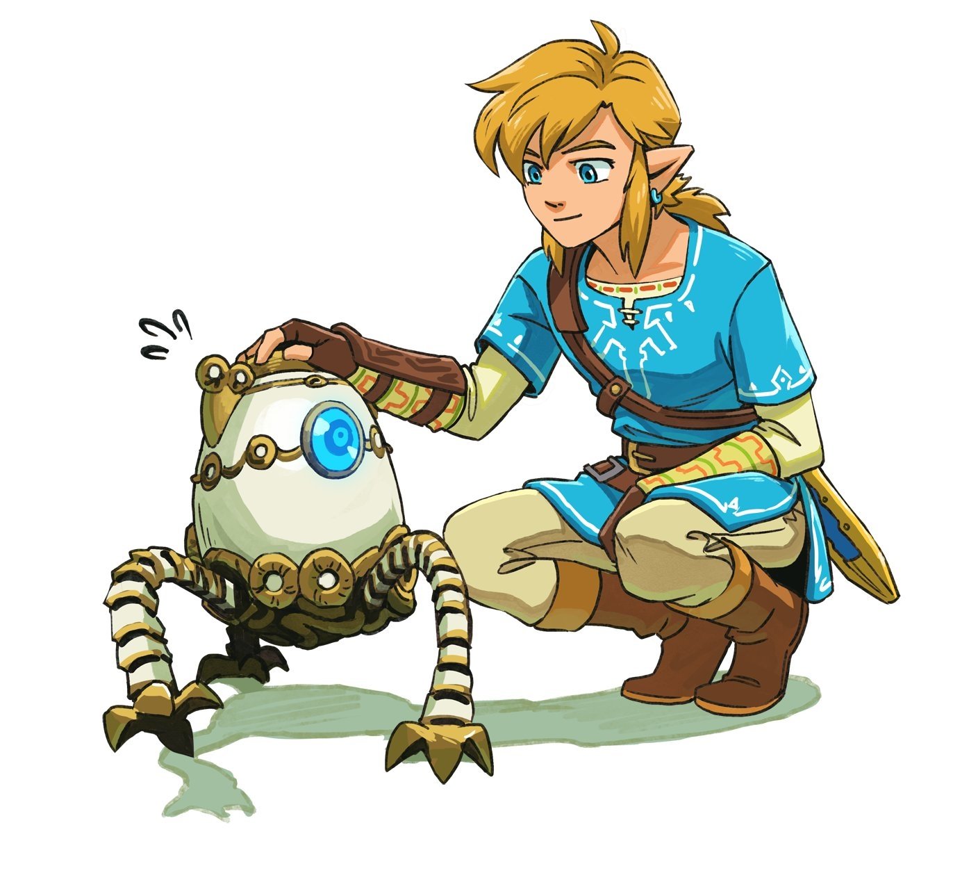 Link from The Legend of Zelda: Breath of the Wild, with blue eyes and pointed ears, kneels beside a small mechanical creature.