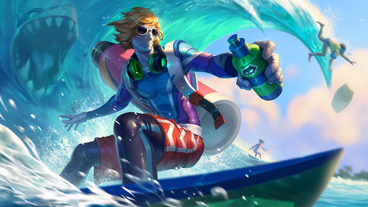 Singed from League of Legends is depicted surfing on a wave, holding bottles, with dynamic water and other surfers in the vibrant video game scene.