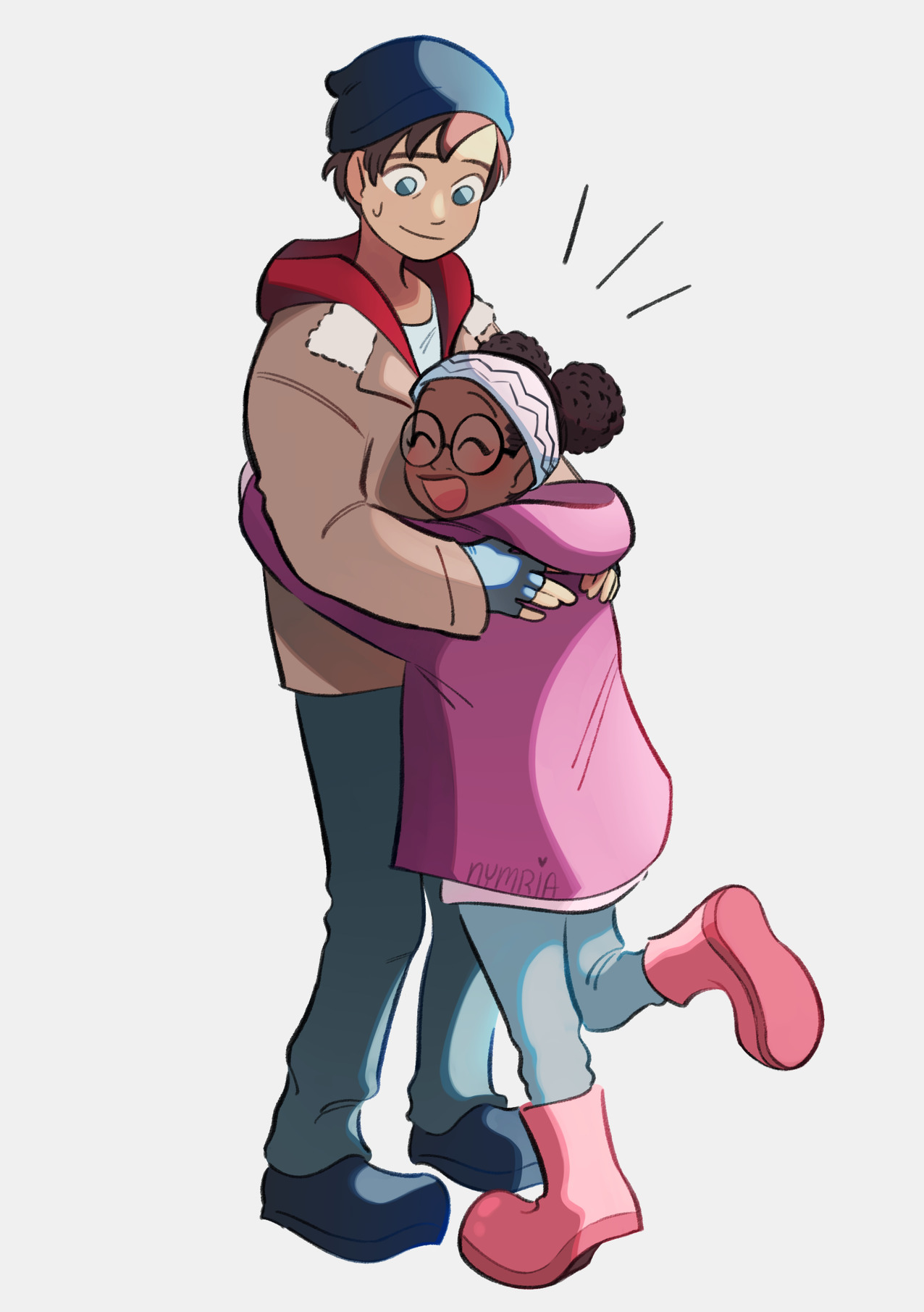 Billy Batson and Darla Dudley from Shazam (movie, DC Comics) share a joyful hug, Darla beaming in a pink coat while Billy smiles in a winter hat.
