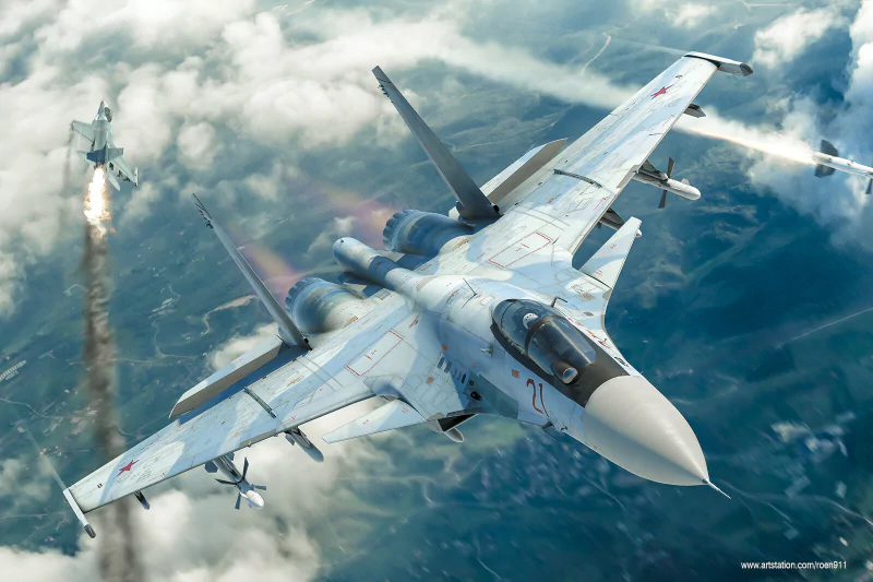 Military Suchoi Su-33 fighter banking over clouds above a coastline, with missile flares and a second jet visible in the distance.