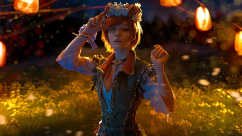 Shani from The Witcher 3: Wild Hunt - Blood and Wine stands in a glowing, festive outdoor setting, dressed in detailed period attire under hanging lanterns.