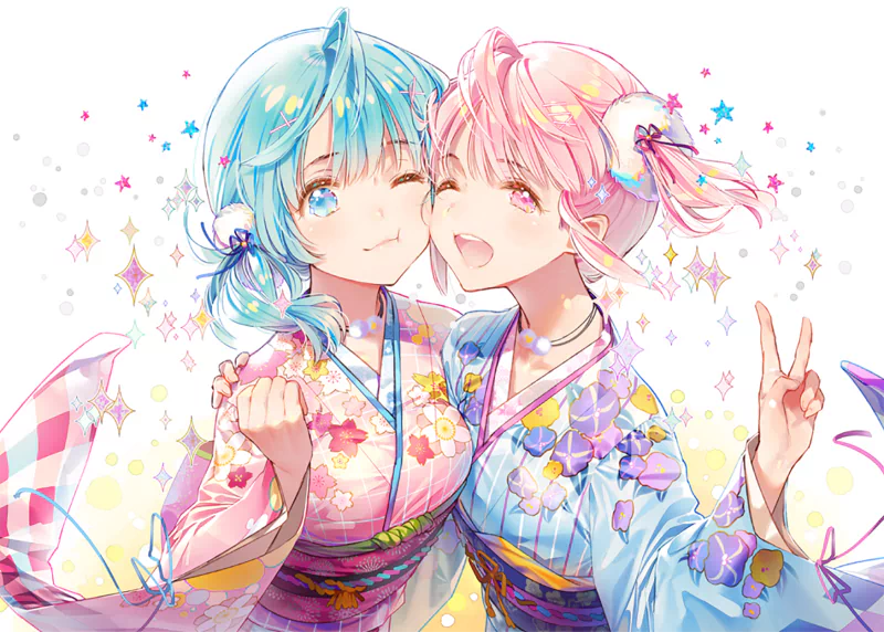 Two cute anime girls with pink and blue hair, wearing floral yukatas, surrounded by colorful stars, smiling warmly and posing playfully together.
