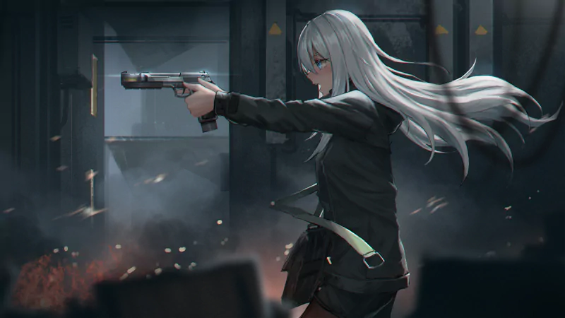 A warrior with long white hair and striking blue eyes aims a gun confidently in a dark, smoky environment, embodying a strong anime aesthetic.
