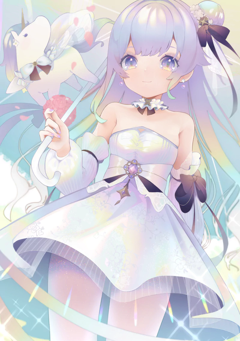 Unicorn (Azur Lane) anime-style: lavender-haired girl in a shimmering white dress, holding a pink candy and a small unicorn plush amid pastel sparkles and ribbons.