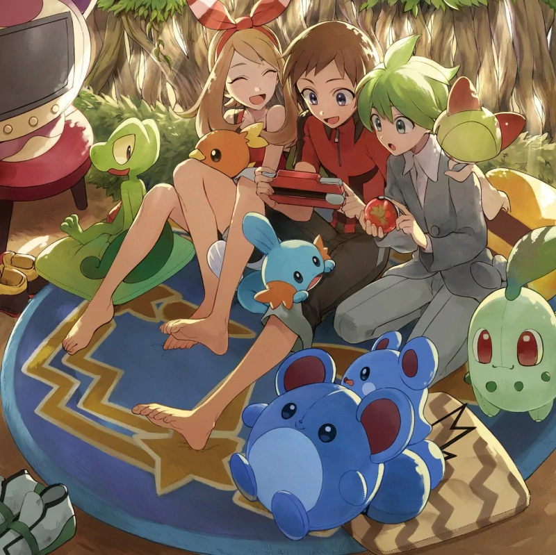brown hair green hair Mudkip (Pokémon) barefoot feet pokeball Treecko (Pokémon) Pokemon Pokémon: Omega Ruby and Alpha Sapphire May (Pokémon) Brendan (Pokemon) Wally (Pokemon) video game Image