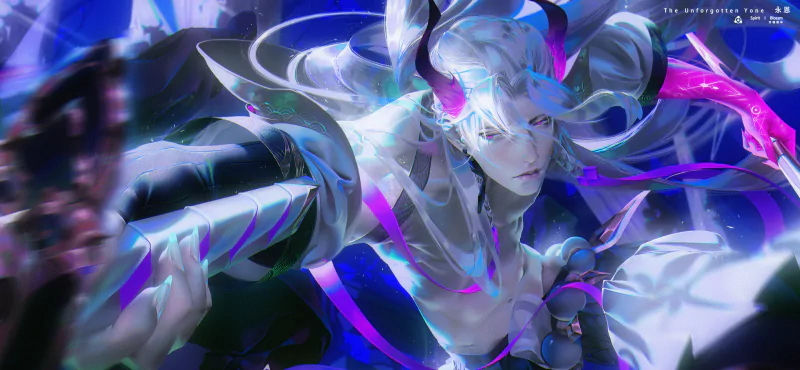 Yone (League of Legends) video game splash art: silver‑haired swordsman in white armor lunges through swirling blue and purple energy.