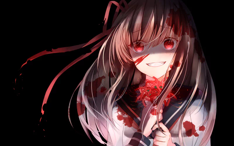 Anime girl with long hair and red eyes, holding a blood-stained rose, smiling eerily against a dark background.