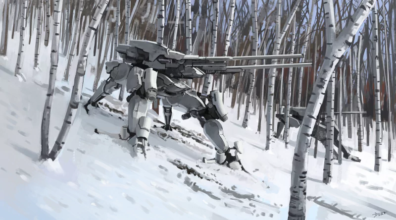 Anime-style military mech with long cannons moves stealthily through a snowy birch forest.