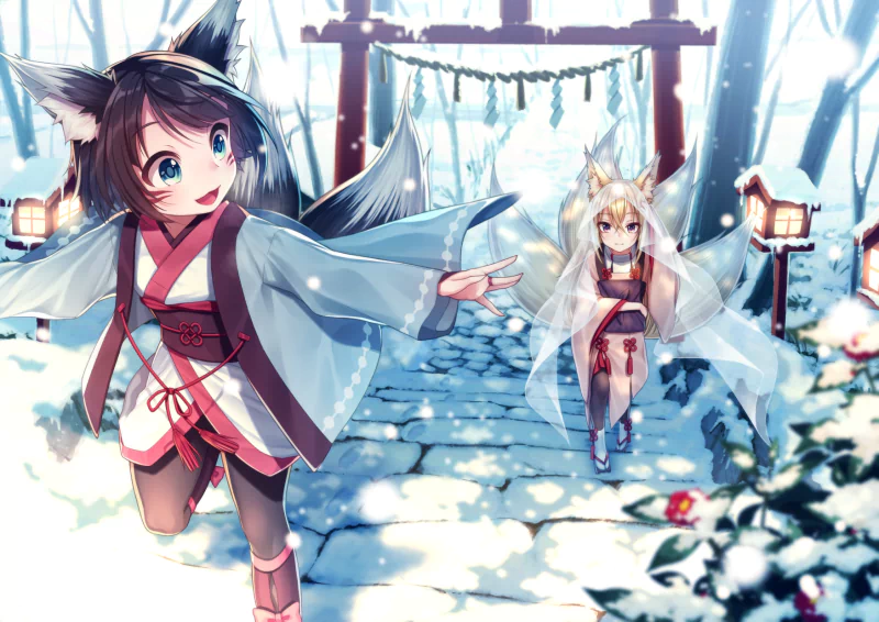Two anime characters with fox-like features playfully wander through a snowy landscape, surrounded by lanterns and a serene winter atmosphere. Their clothing reflects traditional styles.