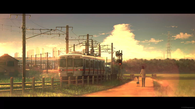 Anime scene depicting a train on rural tracks at sunset, with a person walking alongside a child on a path beside the railway.