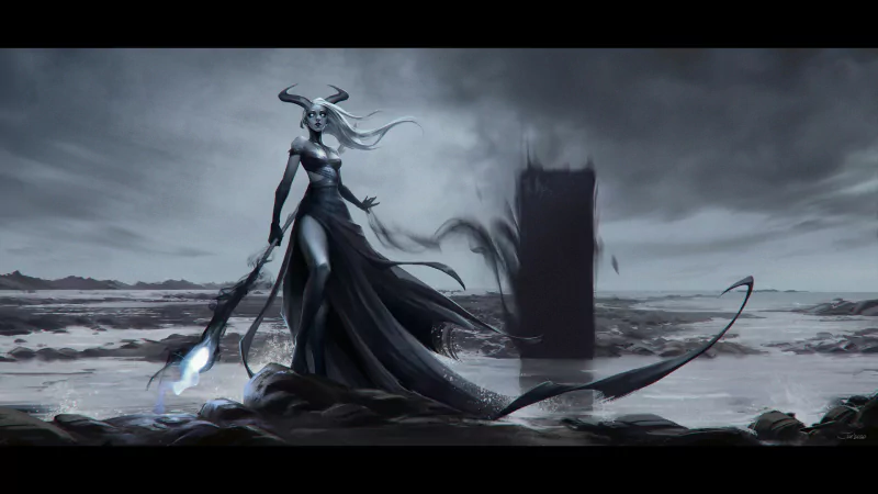 Fantasy woman in a flowing dark gown and horned helm holds a glowing staff beside a shadowy monolith portal on a windswept, desolate shoreline under a stormy sky.