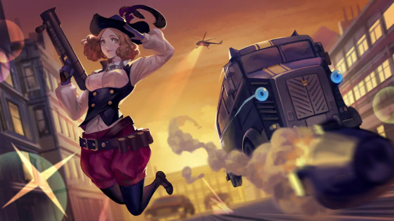 Haru Okumura from the video game Persona 5 wields a gun, running through a chaotic urban scene with a futuristic vehicle in pursuit at sunset.