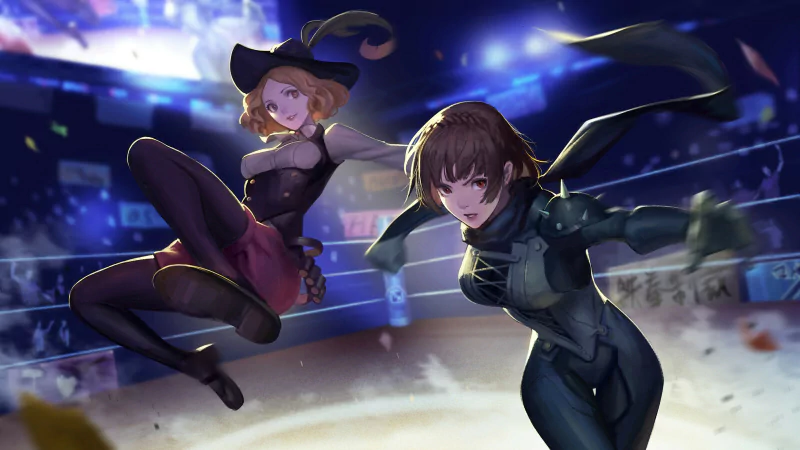 Makoto Niijima and Haru Okumura from Persona 5 leap into action in a glowing arena — Makoto in her armored Phantom Thief suit and Haru in a witch-like costume.