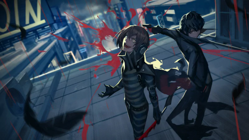 Joker and Goro Akechi from Persona 5 stand back-to-back on a rooftop in black Phantom outfits, surrounded by red streaks and drifting black feathers.