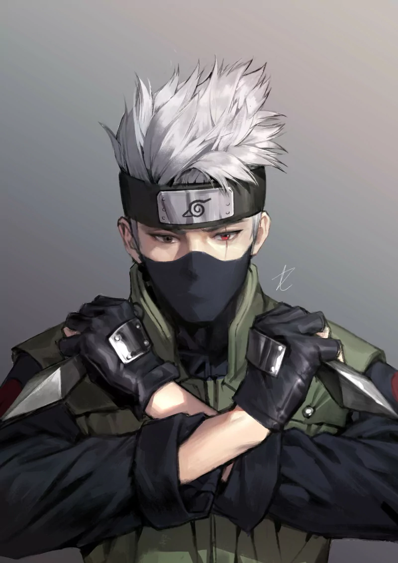 Anime portrait of Kakashi Hatake with spiky white hair, forehead protector and face mask, arms crossed in his Naruto ninja uniform.