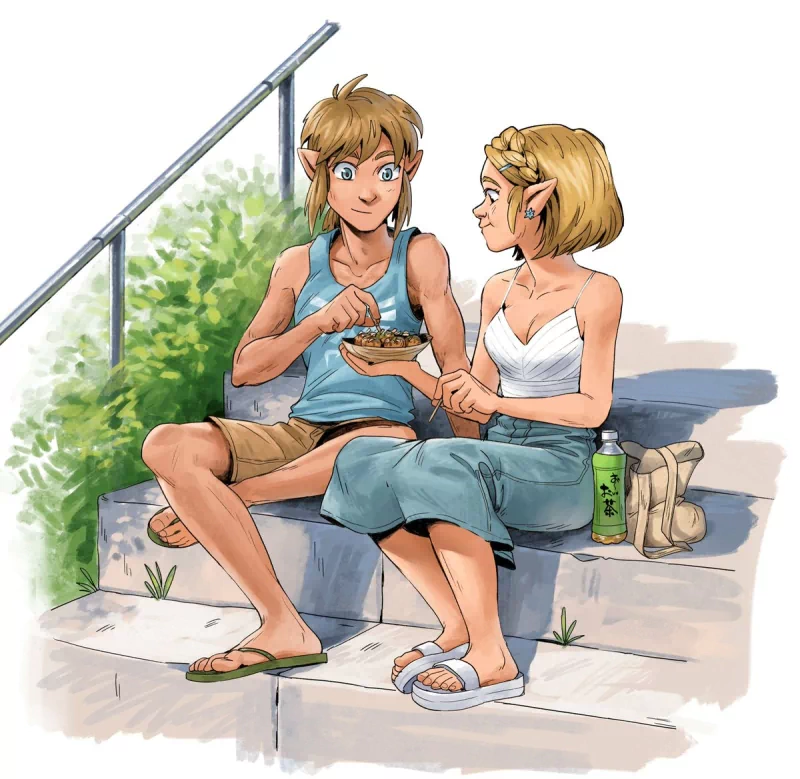 food shorts pointed ears blonde feet sandal Princess Zelda Link video game The Legend of Zelda Image