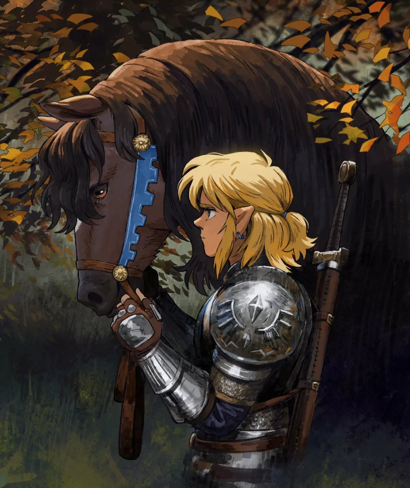 Armored, blonde Link from The Legend of Zelda gently holds a brown horse with a blue bridle beneath autumn leaves, sword and shield on his back.