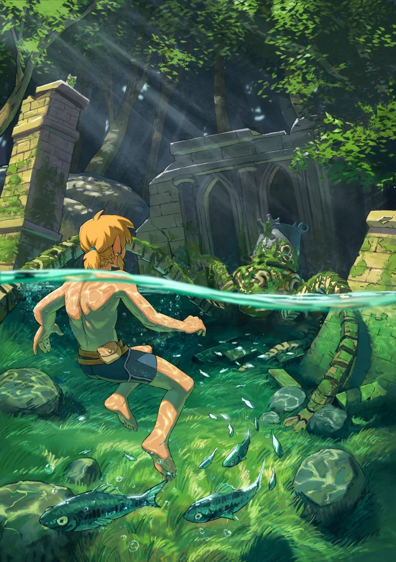 Blonde Link from The Legend of Zelda: Breath of the Wild swims barefoot through clear water as small fish dart around him near mossy forest ruins in dappled sunlight.