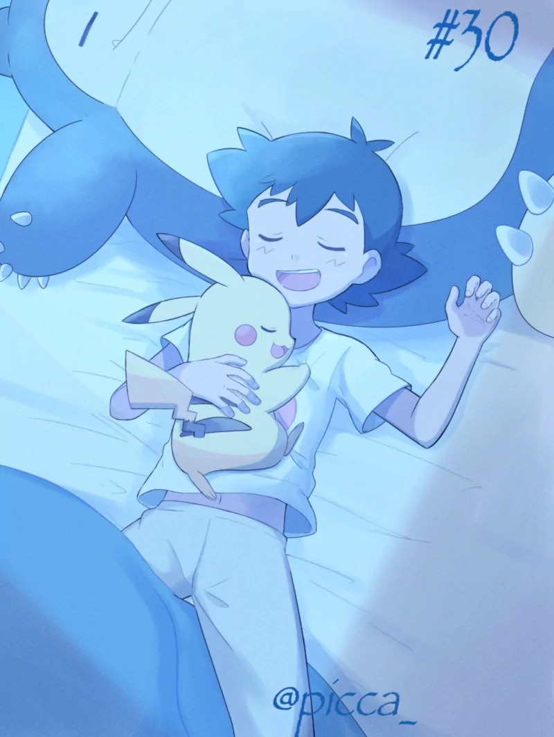 lying down Snorlax (Pokémon) cute black hair pajamas Pikachu sleeping Ash Ketchum Anime Pokemon cute anime Image