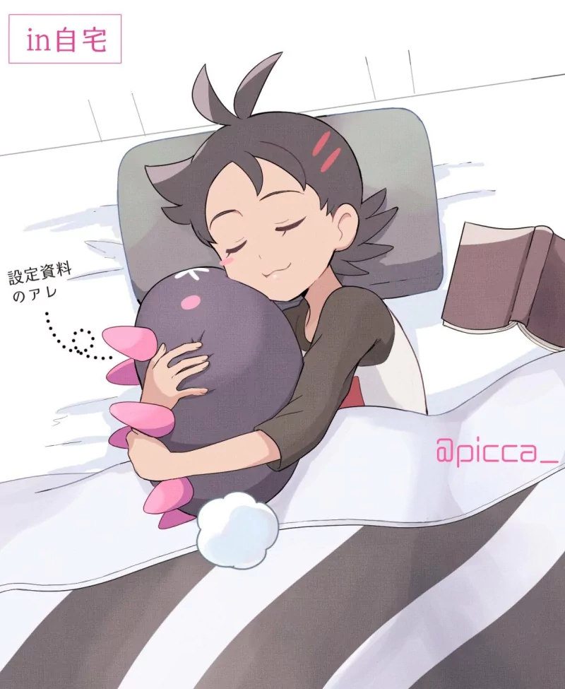 two-toned hair black hair cute Pyukumuku (Pokémon) pajamas sleeping Goh (Pokémon) Anime Pokemon cute anime Image