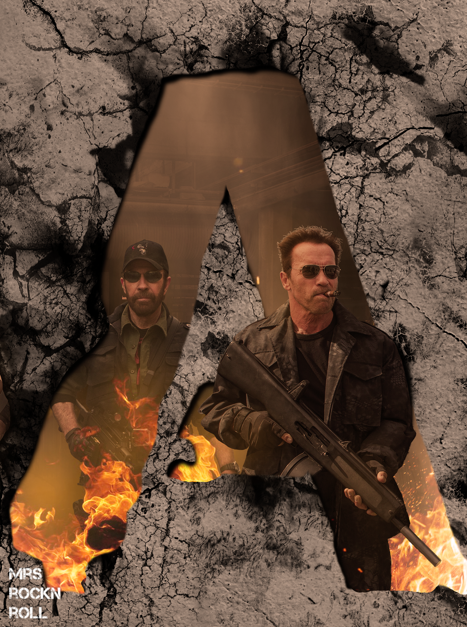 Chuck Norris and Schwarzenegger, Booker and Trench from The Expendables (Piece A of the Panorama) by Mrs_RockNRoll
