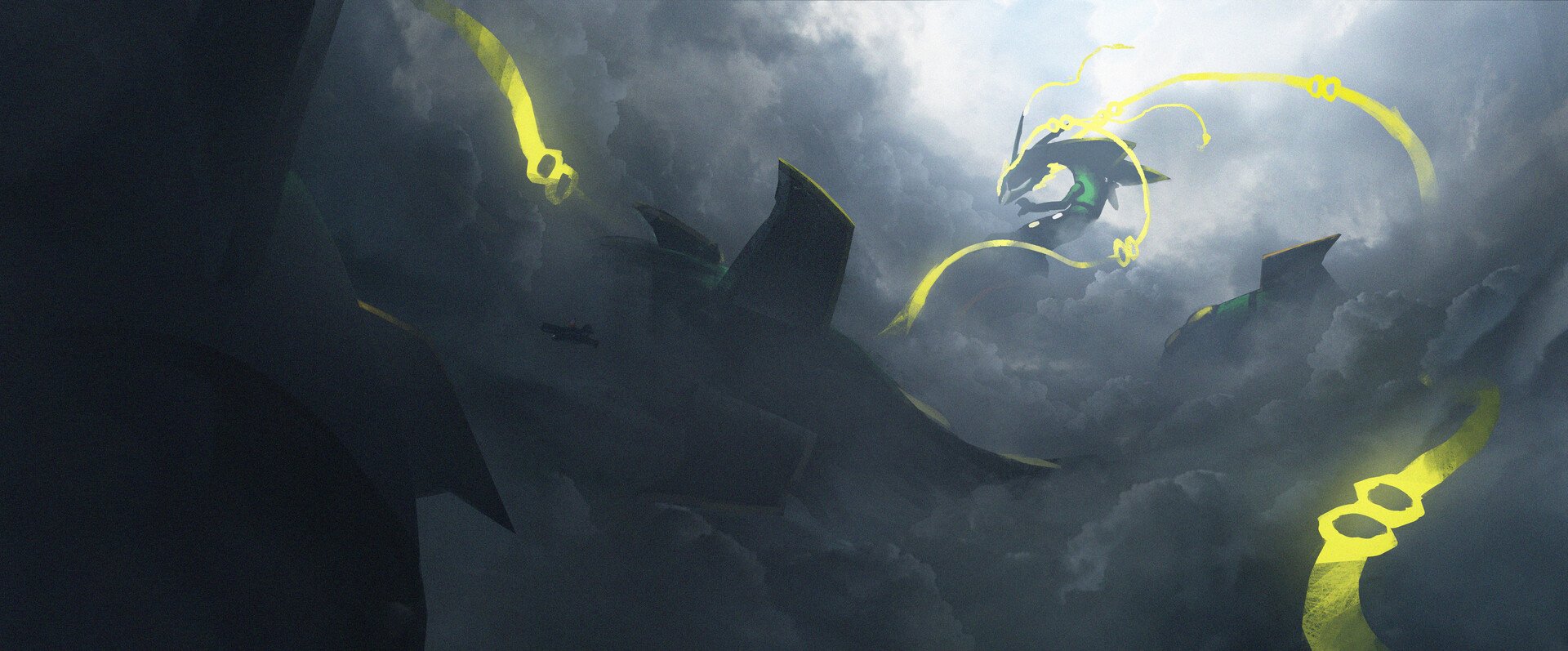 Anime-style Rayquaza (Pokémon) coils through storm-torn clouds, its glowing yellow rings slicing the dark sky above jagged mountain peaks.