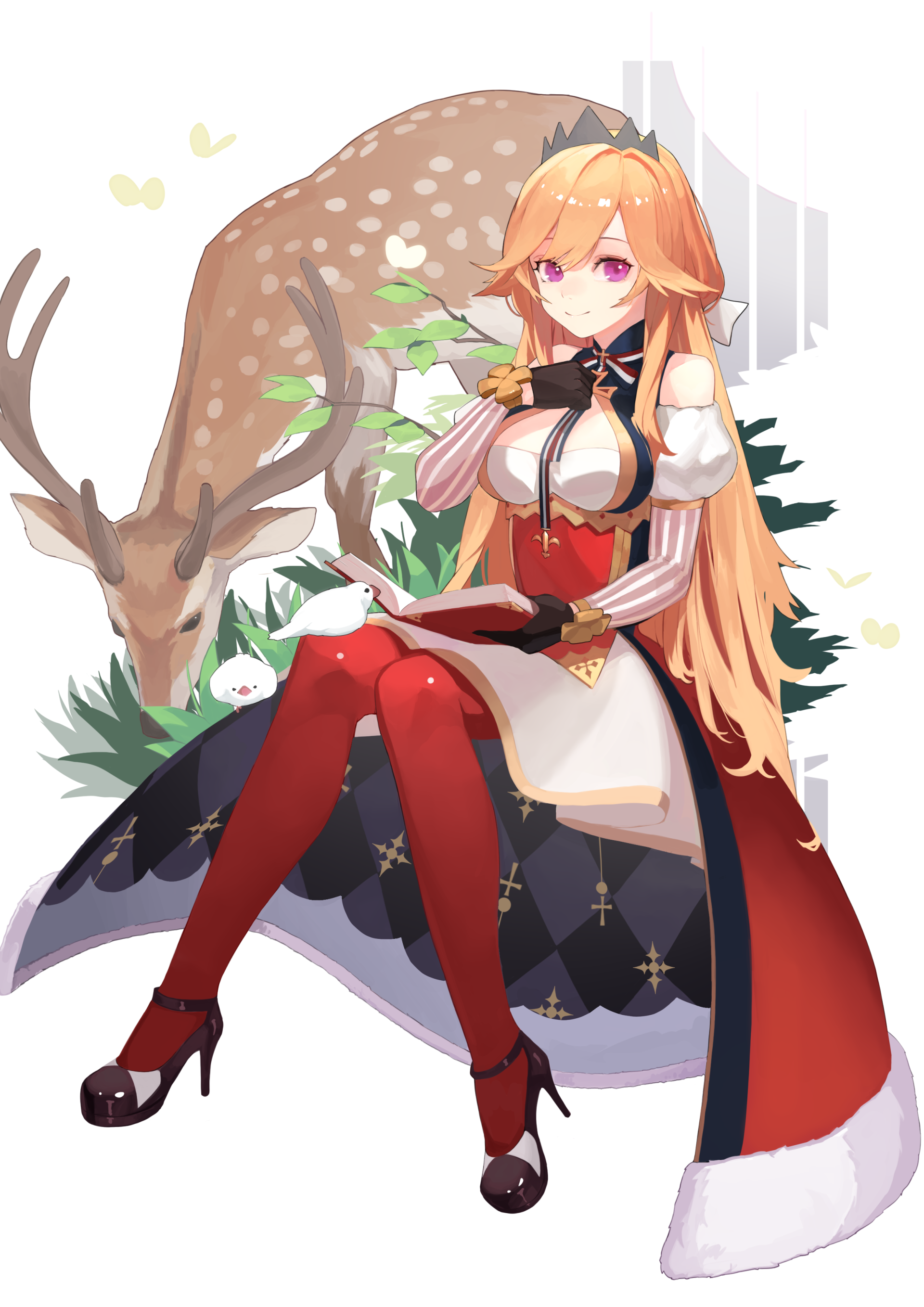 Anime-style illustration of Richelieu from Azur Lane sitting with a deer in the background, holding a book and surrounded by greenery and small white butterflies.