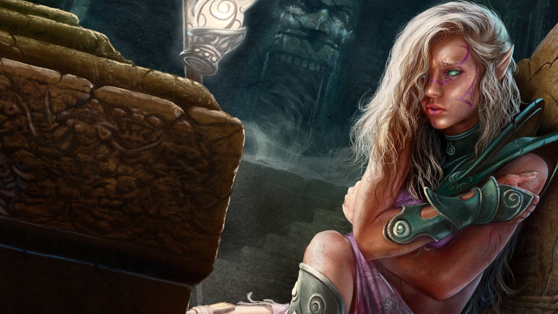 A fantasy elf with long blonde hair and green armor sits pensively in a dim, ancient stone chamber illuminated by a glowing lantern.