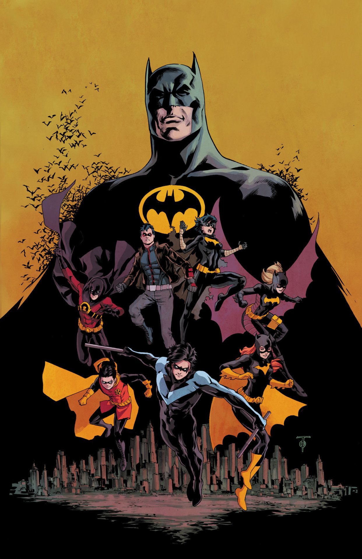 Batman stands tall over Gotham City with Dick Grayson as Nightwing, Tim Drake as Red Robin, Damian Wayne as Robin, Barbara Gordon as Batgirl, Stephanie Brown, Jason Todd, and Cassandra Cain.