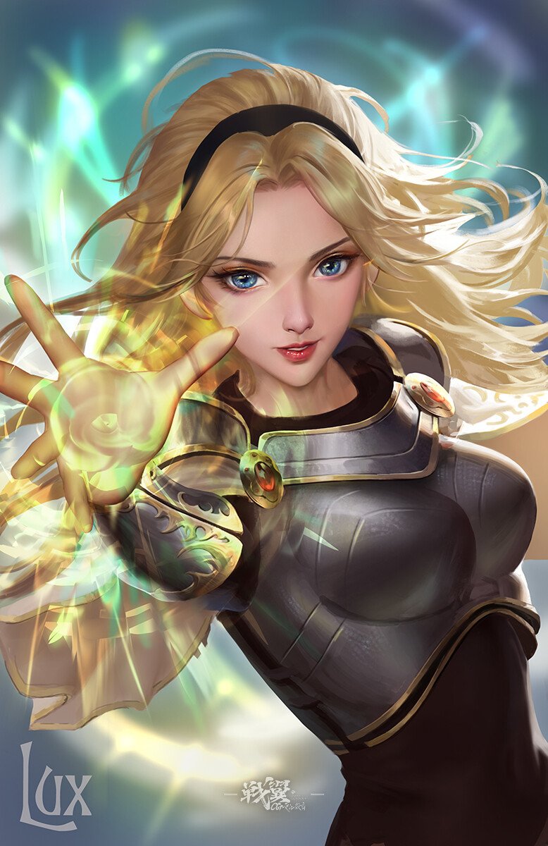 Lux from the League of Legends video game — blonde, blue-eyed mage in armor, reaching forward as she casts a radiant light spell.
