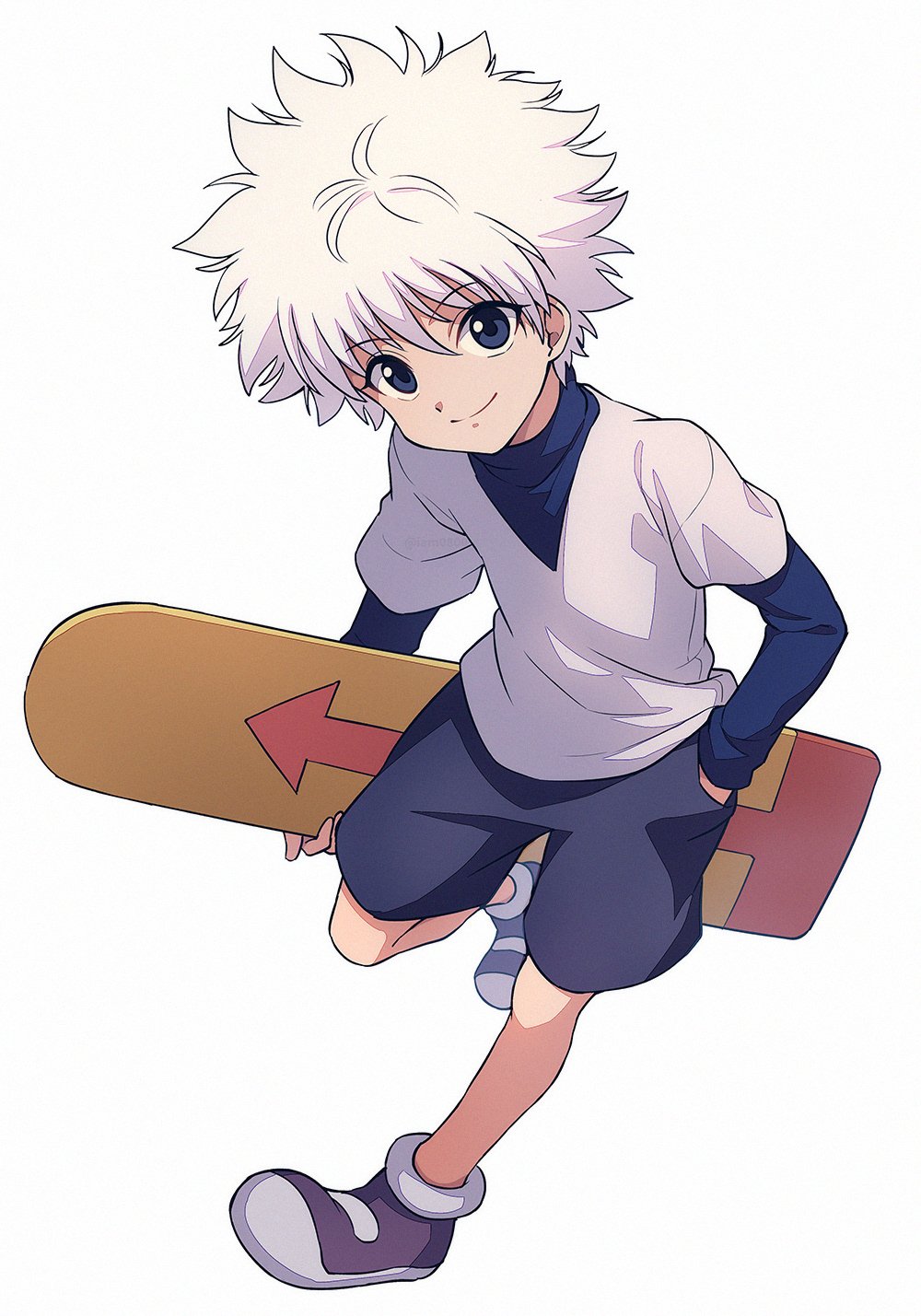 Anime character Killua Zoldyck from Hunter x Hunter with white hair and a smile, holding a skateboard while wearing casual sporty clothes.
