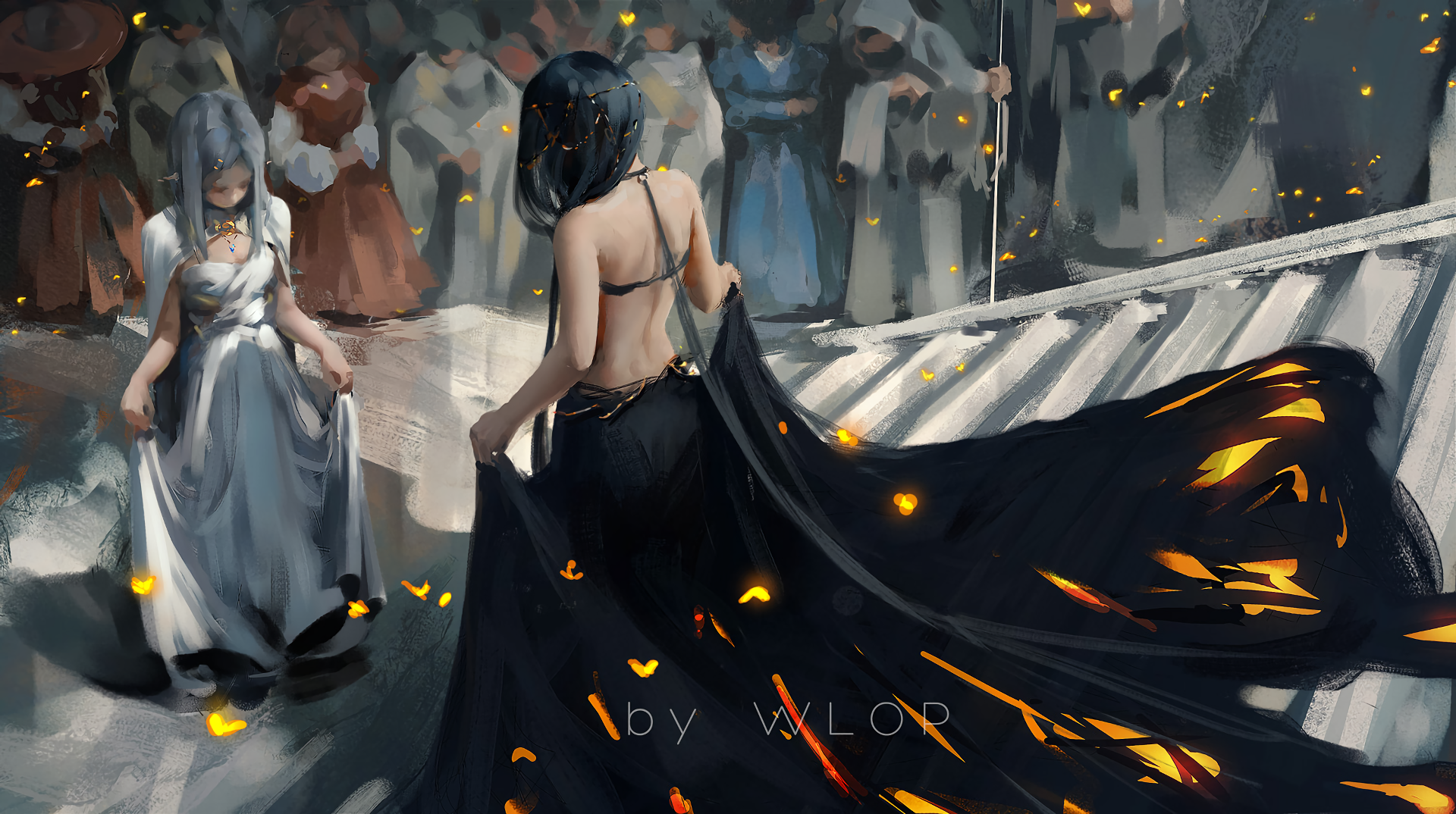 A dramatic scene from the comic GhostBlade, featuring two characters in striking attire—one in a flowing black gown with fiery accents and the other in a white dress—set against a captivated crowd.