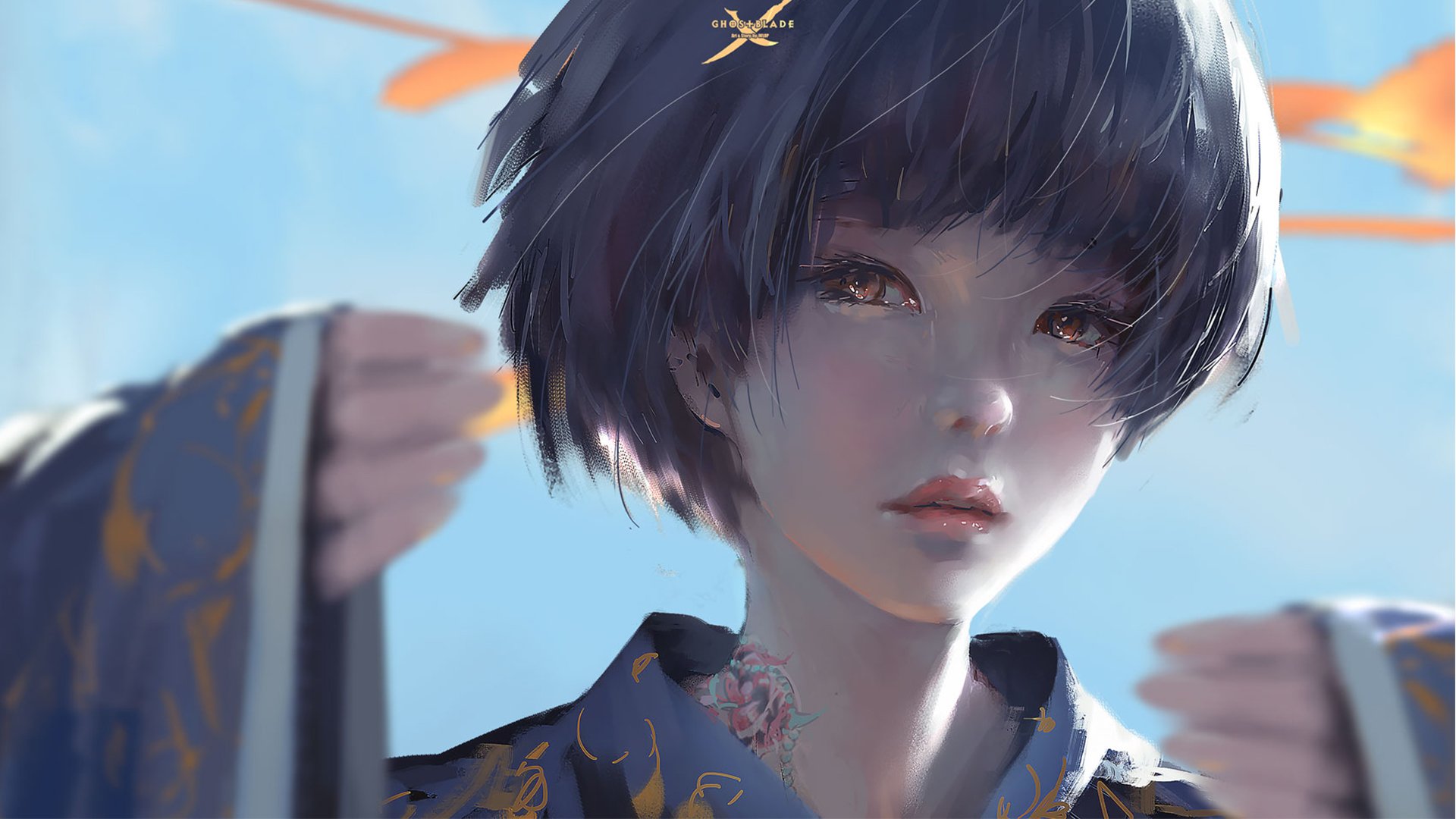 A character from the Comic series GhostBlade, depicted with a short dark hairstyle and a floral kimono, gazes intensely while holding something delicate. The background features vibrant colors.