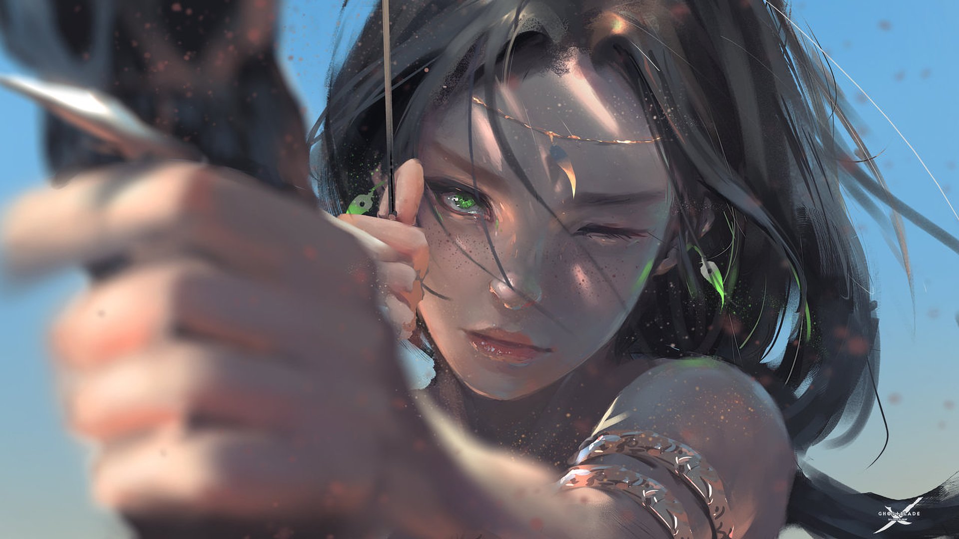 A close-up of Aeolian from the comic GhostBlade, showcasing her intense gaze and focus as she aims an arrow, embodying strength and determination against a clear sky backdrop.